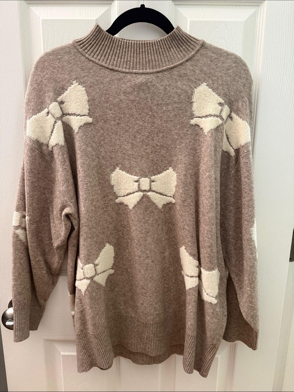 Expressions Maternity Taupe Knit Sweater with Cream Bow Accents